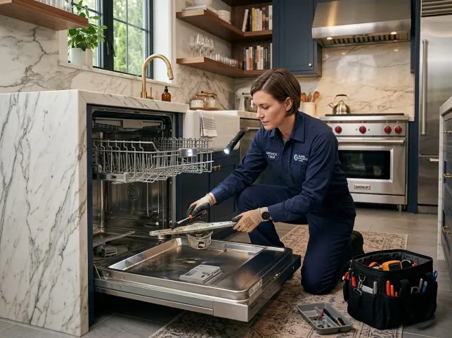 Appliance Repair Hero technician servicing a built-in dishwasher in a Brookfield, IL kitchen