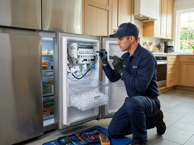 Appliance Repair Hero technician repairing a refrigerator ice maker in Brookfield, IL